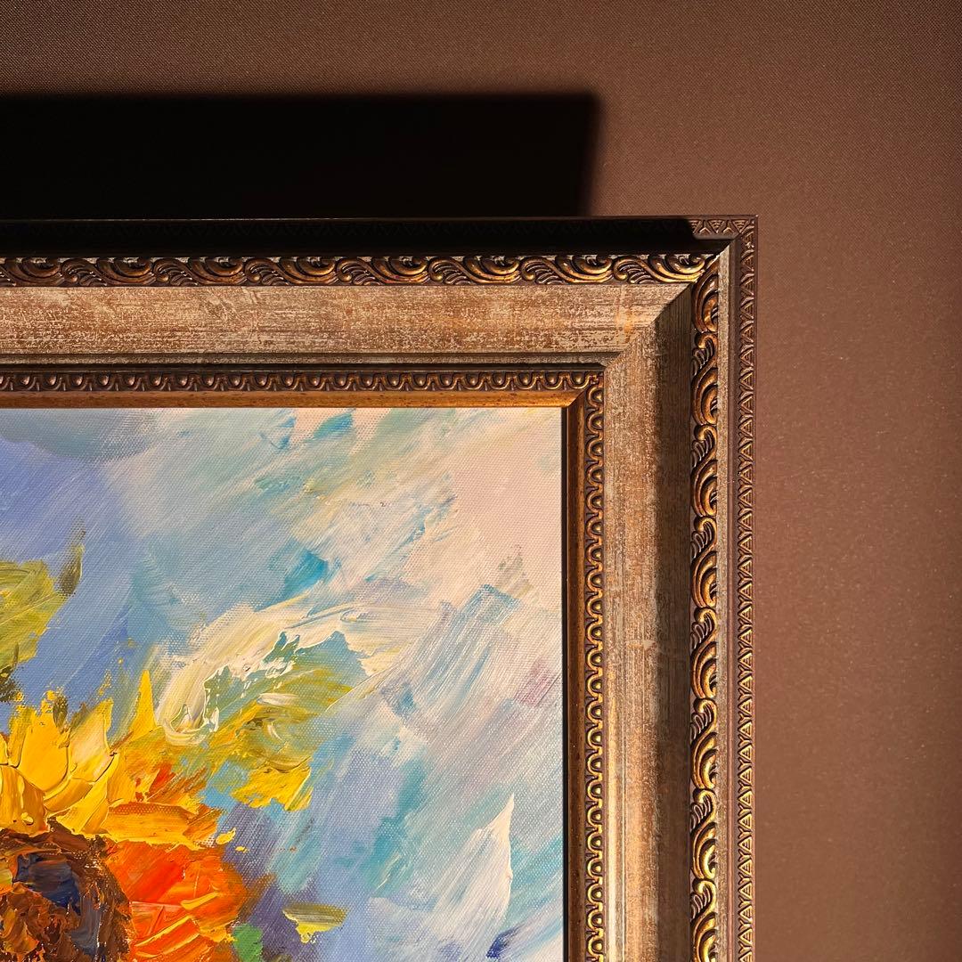 ★秀作★ 手書き油絵 花瓶のひまわり 額付き インテリア 油彩画