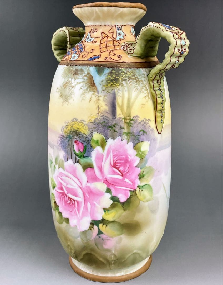 【美品】オールドノリタケ 約２５cm 薔薇紋 エナメル盛り 花瓶 アールヌーボー