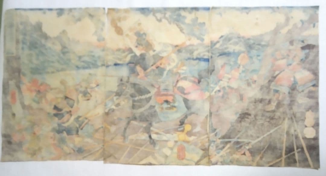 浮世絵、賤ケ峯合戦之圖三枚綴り、一勇斎国芳画(歌川国芳)補修多くジャンク品扱い