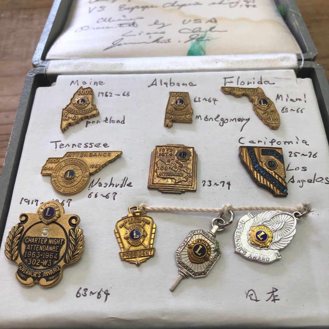 非売品　州の形　アメリカのライオンズクラブの古い無欠席記念バッジ他