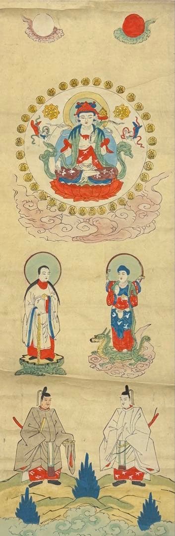 「虚空蔵菩薩他 彩色木版画掛軸」明治期頃 一幅|仏画 仏教美術 木版刷り