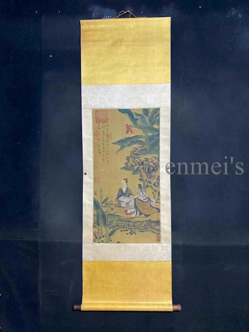 中国古美術 五代 周文矩款 人物図 掛軸 絹布 唐物 古画 書画 名家筆 水彩画