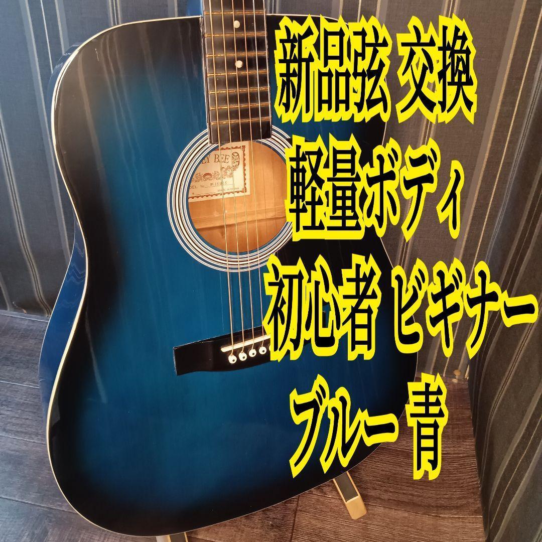 新品弦 軽量 初心者 ビギナー向け アコースティックギター ブルー 青