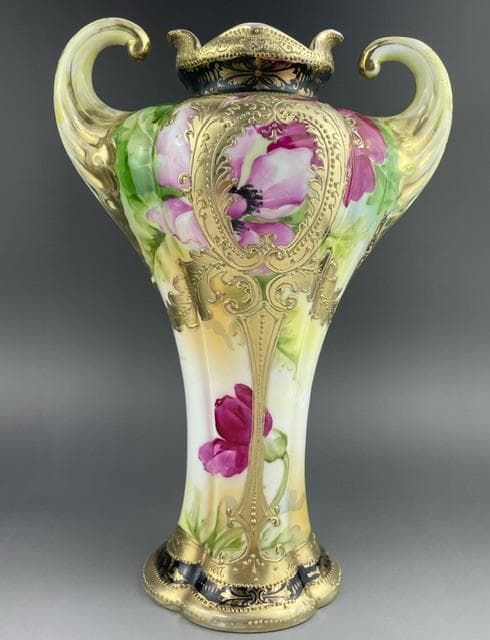 【大型】オールドニッポン 約30㎝ 芥子紋花瓶 アールヌーボー 金盛り ポピー