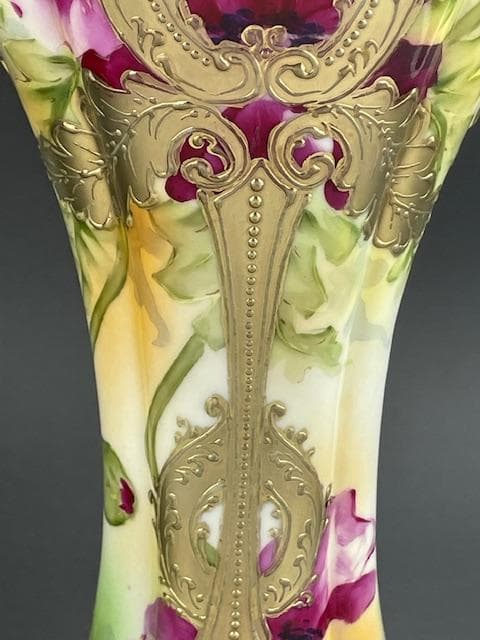 【大型】オールドニッポン 約30㎝ 芥子紋花瓶 アールヌーボー 金盛り ポピー