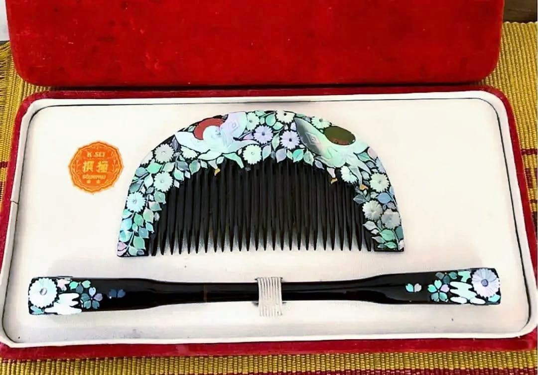 木製 天阿 草花 螺鈿 青貝 蒔絵 櫛、笄(こうがい) セット