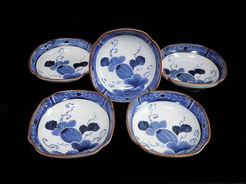 古伊万里　染付　墨弾き　瓜の図　膾皿　5客　C746AS-CEs