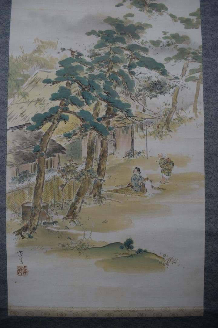 【真作】吉田逸言/月下砧之図/山水図/掛軸☆宝船☆Y-909　JM