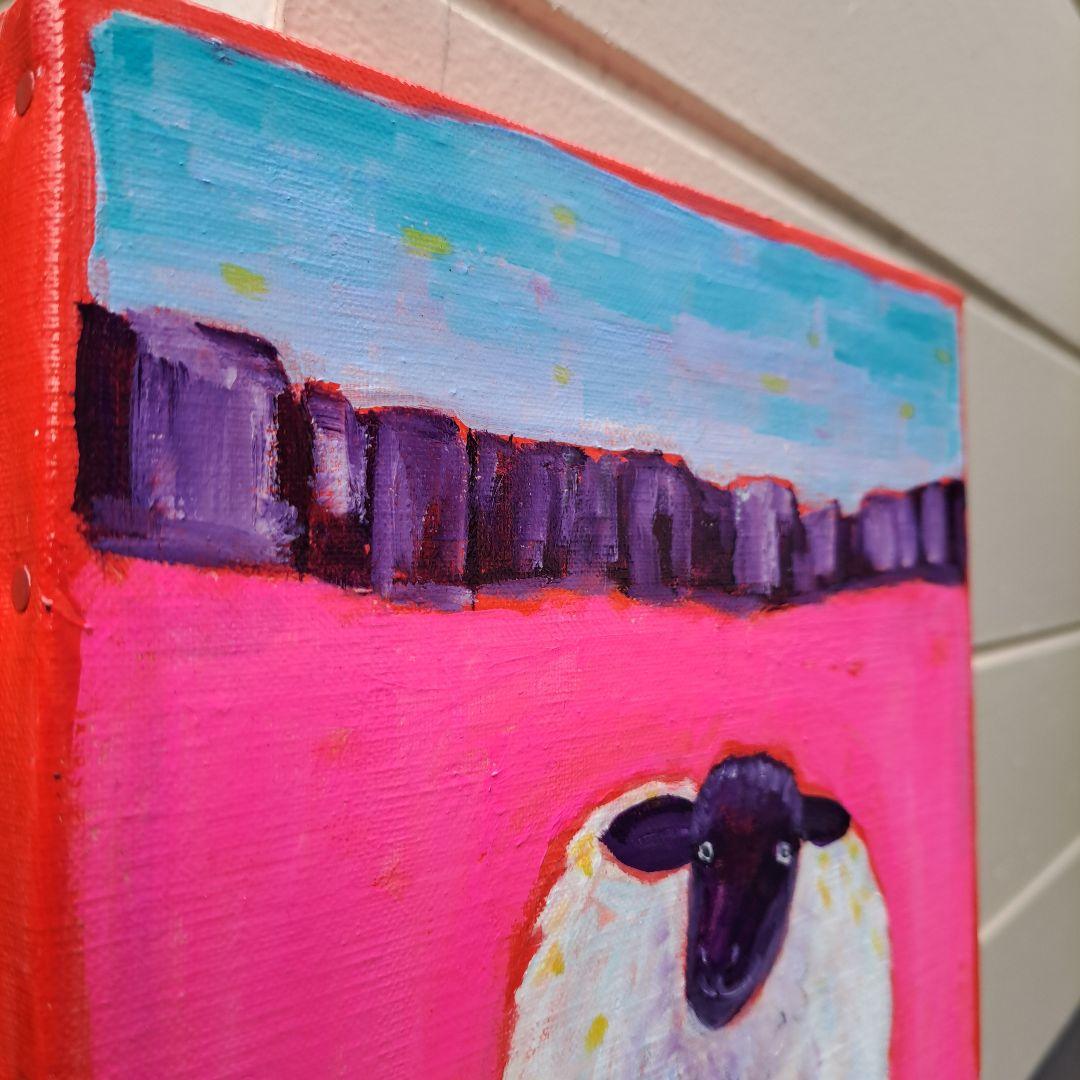 キャンバス油絵　　専用　旅をするサフォーク羊　岩山を越えて　小さめキャンバス