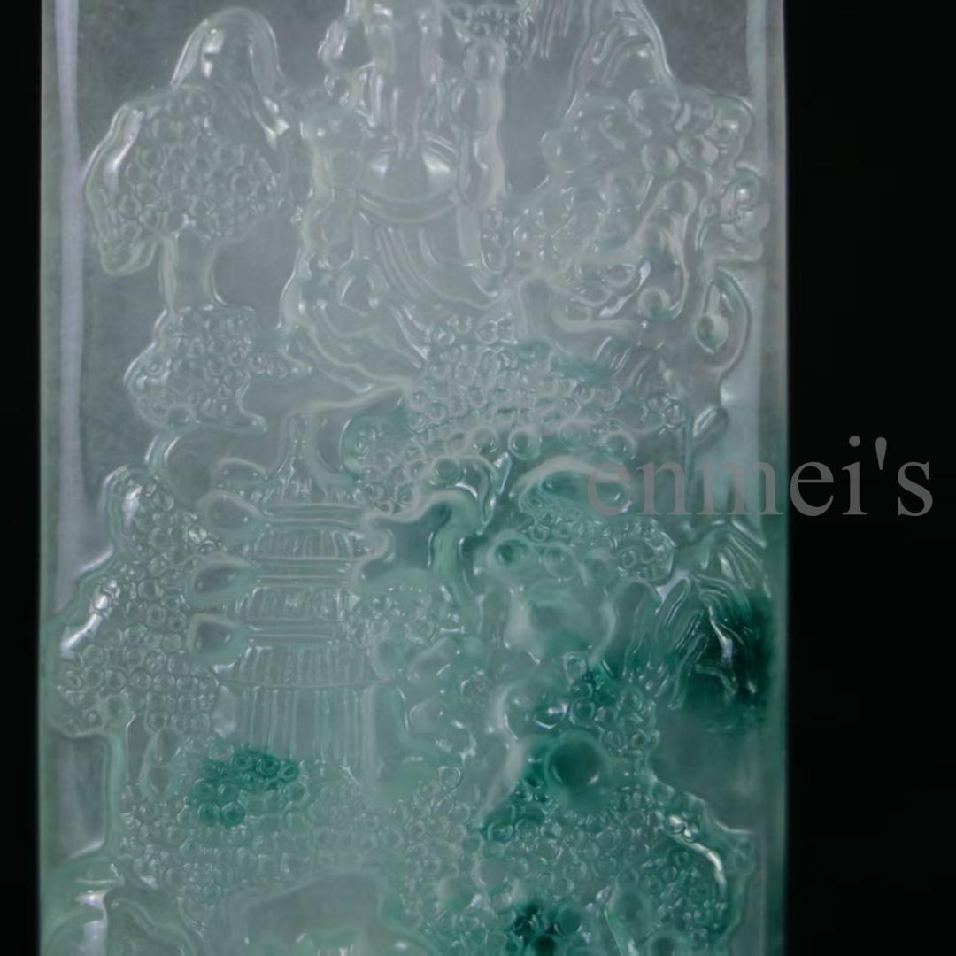 翡翠 高氷種 山水牌 精工神仏彫刻 長方形 明緑白透明石 水頭良好 手彫 贈答用