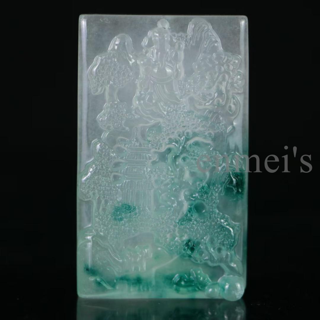翡翠 高氷種 山水牌 精工神仏彫刻 長方形 明緑白透明石 水頭良好 手彫 贈答用