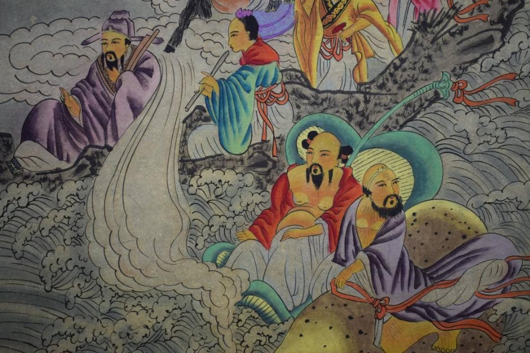 真作/孟元/八仙図/布袋屋掛軸HD-872