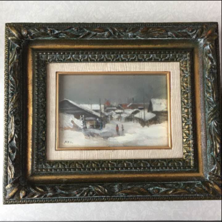 油絵 「雪国の街」 小松明