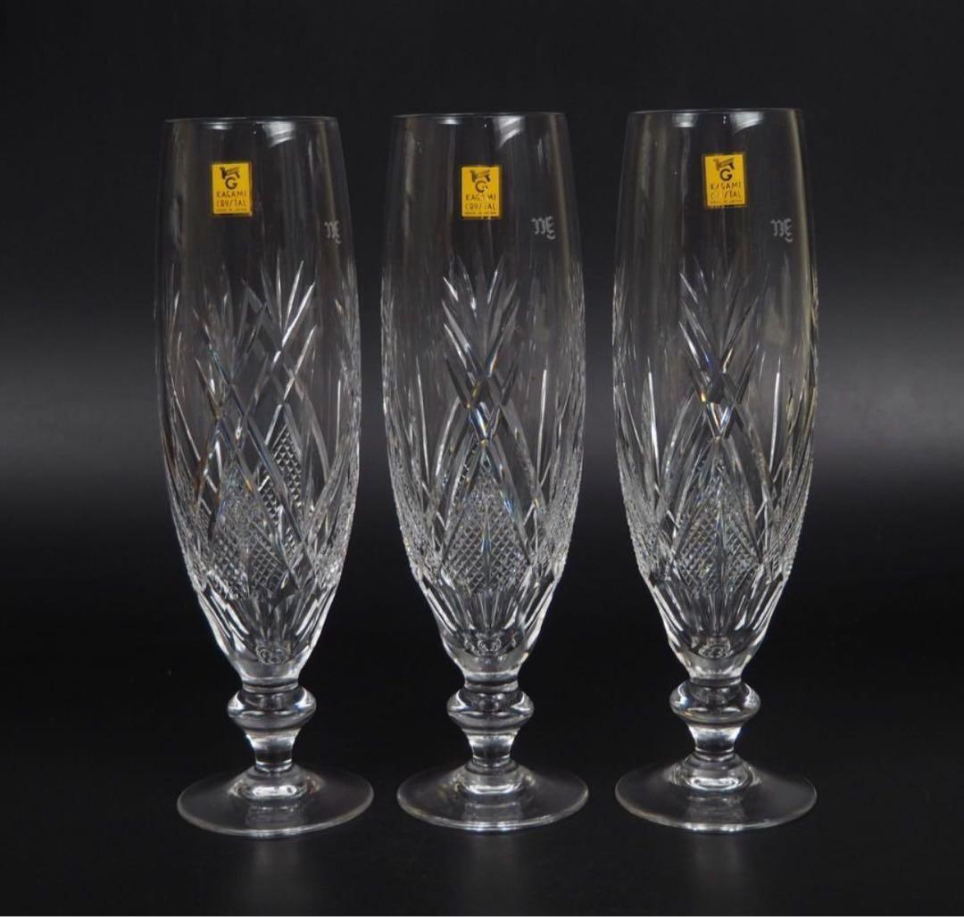 送料無料　カガミクリスタル　江戸切子ワイングラス3P 箱あり　酒器