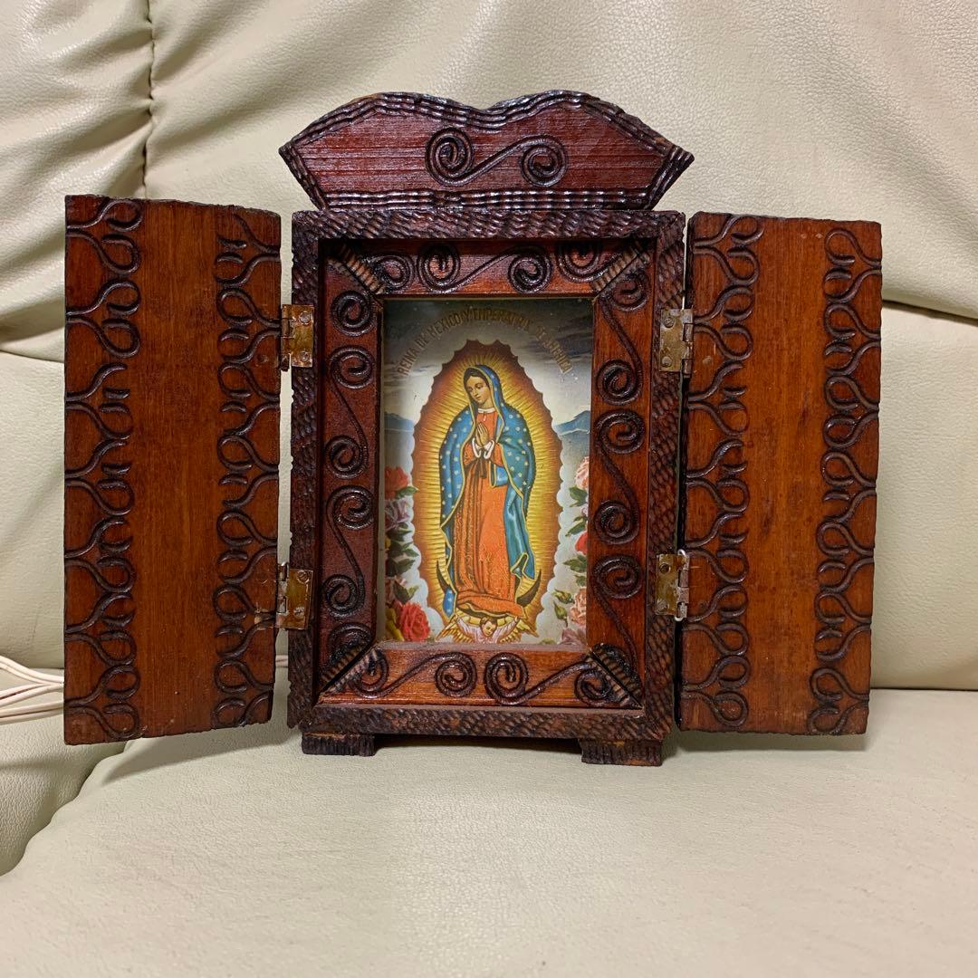 聖母マリアの彫刻入り木製箱　祭壇　キリスト　ローライダー　チカーノ　インパラ