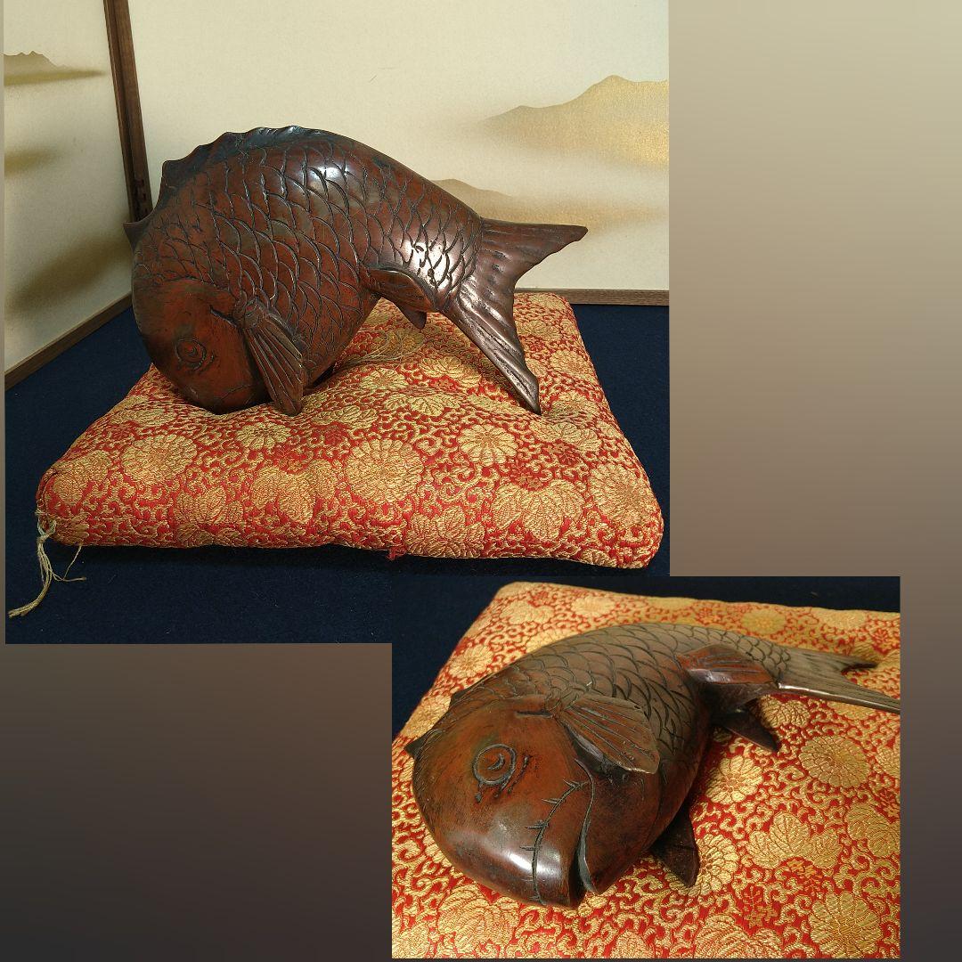 AC63 鯛 銅製 置物 オブジェ 工芸品 飾り鯛 縁起物 商品繁盛 座布団付