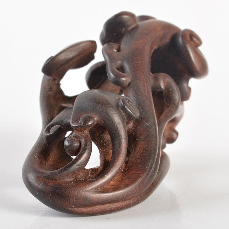 中国　唐木紫壇製　細密彫刻　霊芝　根付　置物　M　R6567E