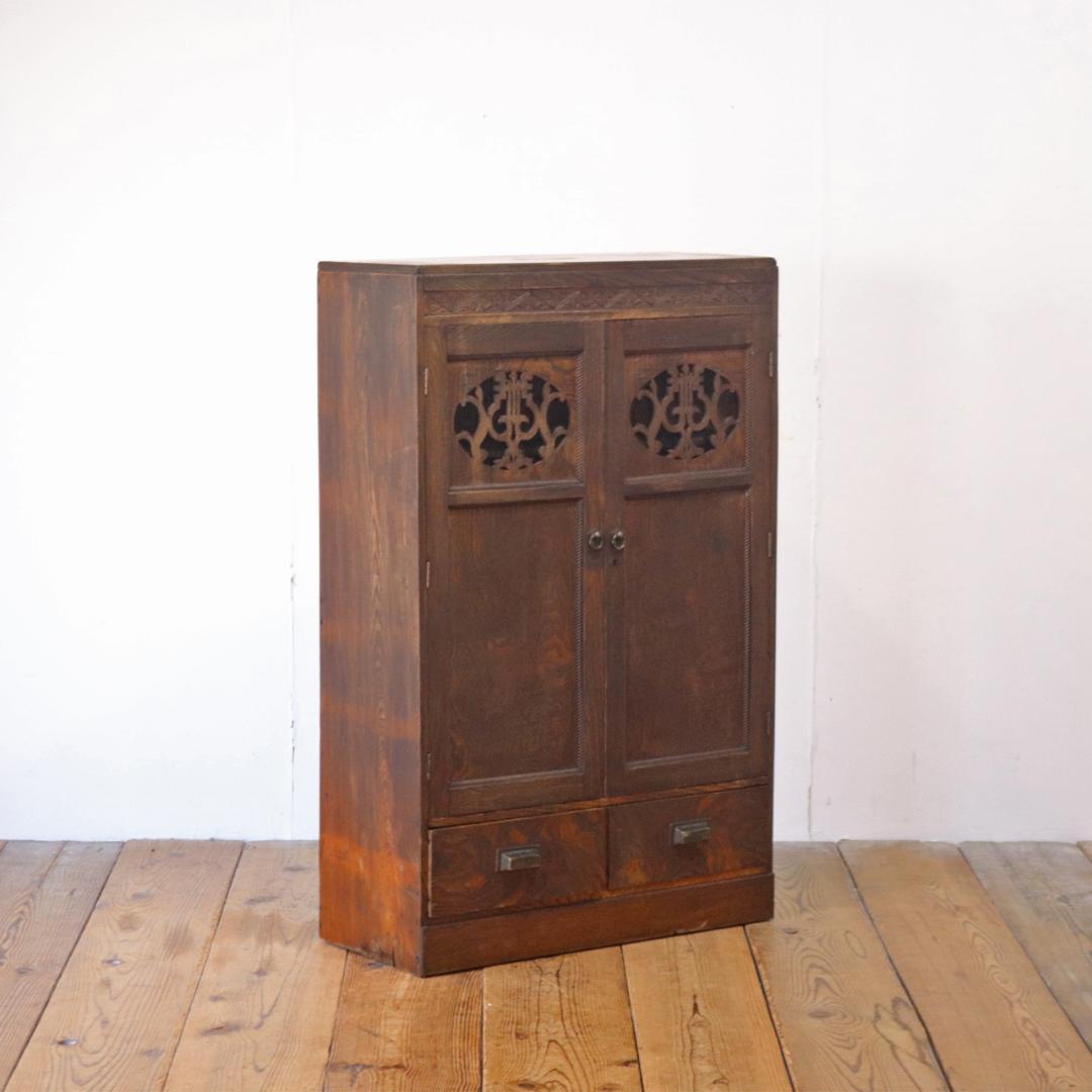 レトロ 小振り ガラスキャビネット 本箱 収納 ラック 引き出し 抽斗 2杯