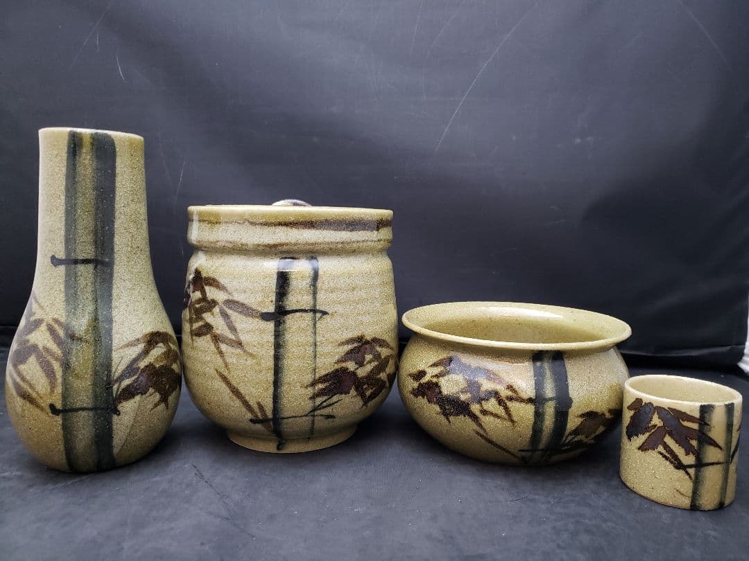 絵唐津皆具　古川華山作　清寂　茶道具　水指　建水　蓋置　花器　竹柄