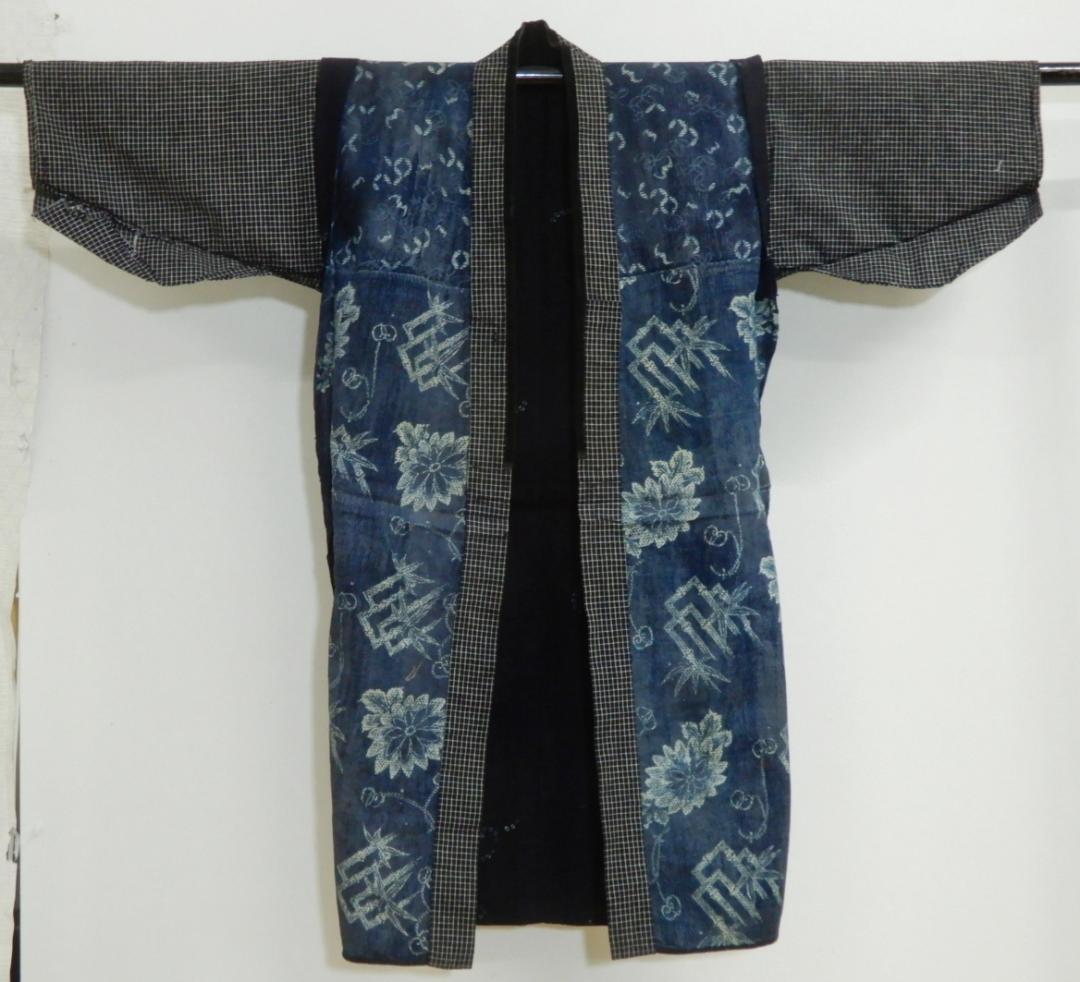 木綿・東北浅舞絞り長半纏・明治期前後・裏面は藍型染め・緻密刺子・秋田県の工芸品
