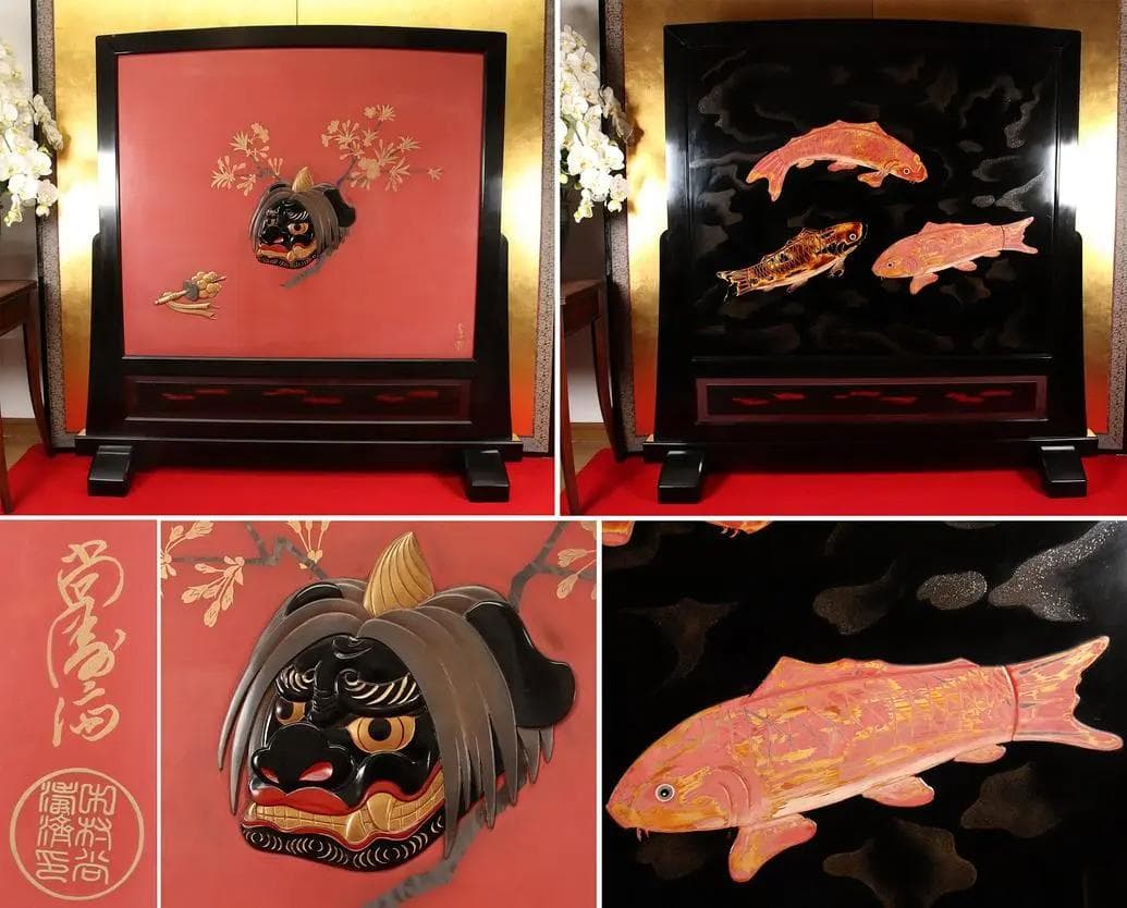 BA01 富山最高峰　蒔絵師　名工 中村尚濤済 作　漆蒔絵　衝立　桜獅子福鈴鯉