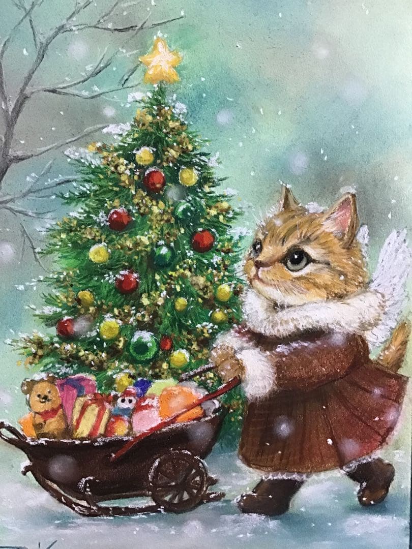Xmas present ハンドメイドパステル画　絵画アート原画