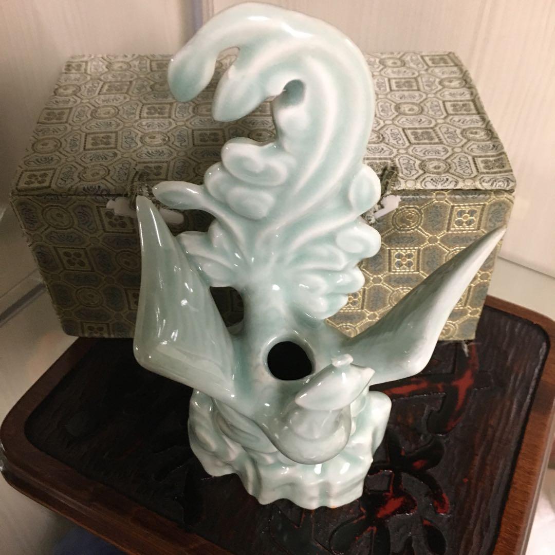 箱付き　中国龍泉窯　青磁　鳳凰　一輪挿し　花器　花瓶　オブジェ　インテリア