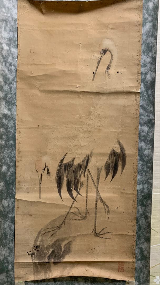 ⑦江戸時代？　雌雄双鶴之図　信香先生筆　古い水墨画　まくり　額入り可能
