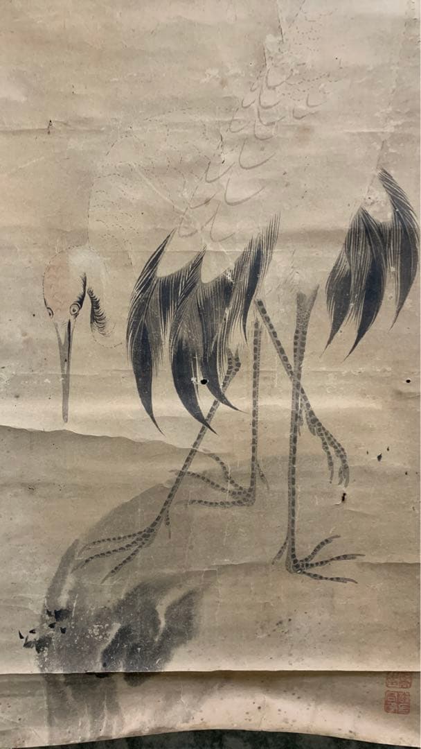 ⑦江戸時代？　雌雄双鶴之図　信香先生筆　古い水墨画　まくり　額入り可能