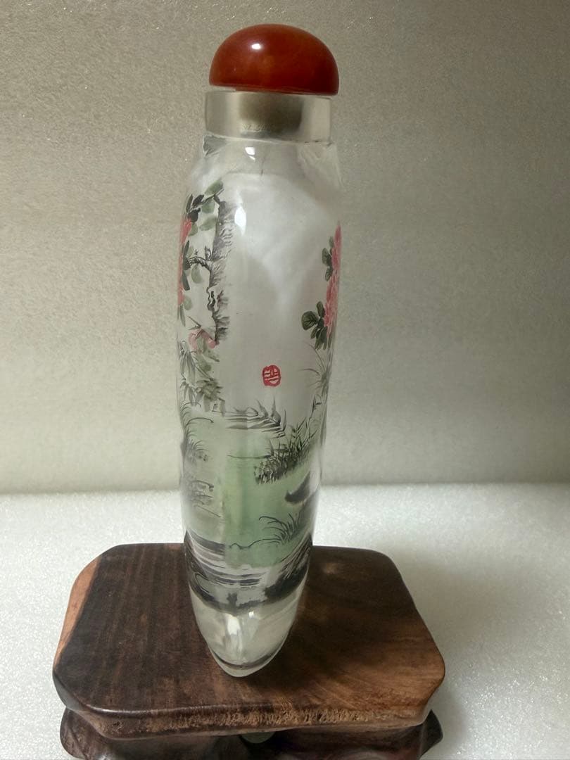 猫と花の絵柄 ガラス製鼻煙壺