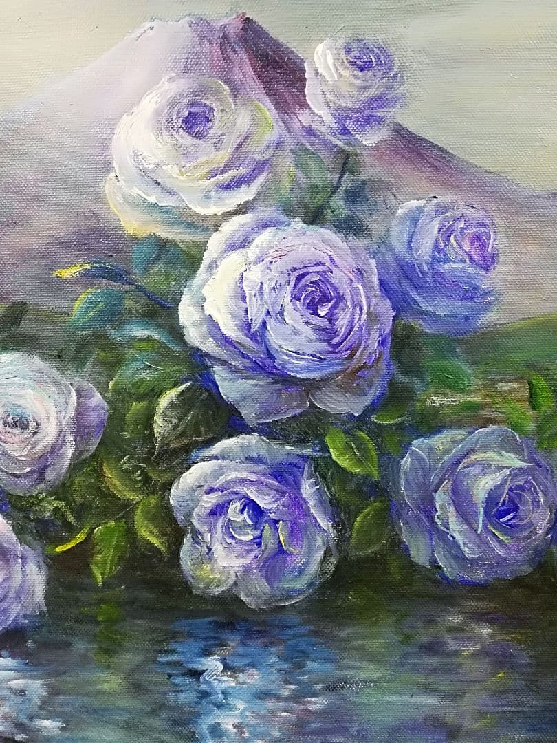 画家 haru 薔薇 と 富士山 真作 原画 一点物 油彩画 F6号 。