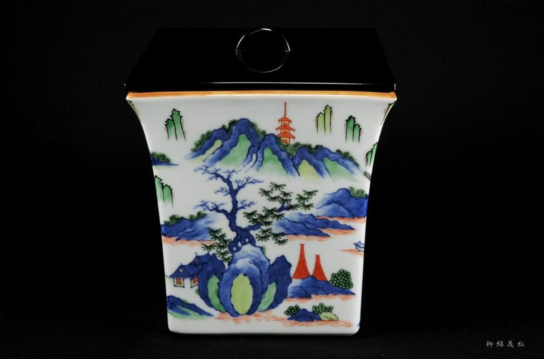 五代 三浦竹泉 色絵山水図 四方 水指 共箱 茶道具