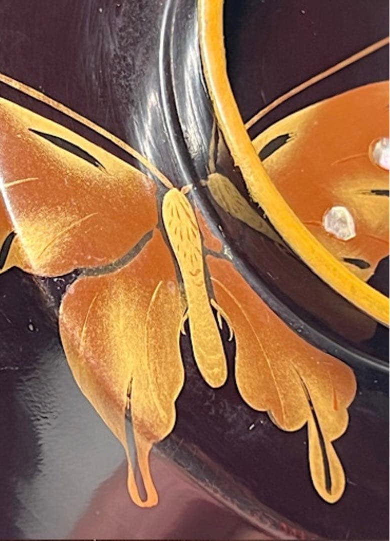 角形 螺鈿細工 漆器6客 金赤蒔絵蝶文 50年前 送込