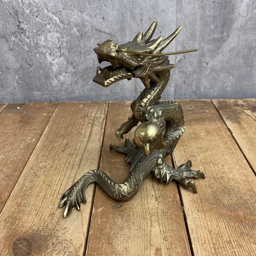 4F 【縁起物】龍 置物 真鍮風 ブロンズ調 ドラゴン 竜 龍神 五本爪 宝玉