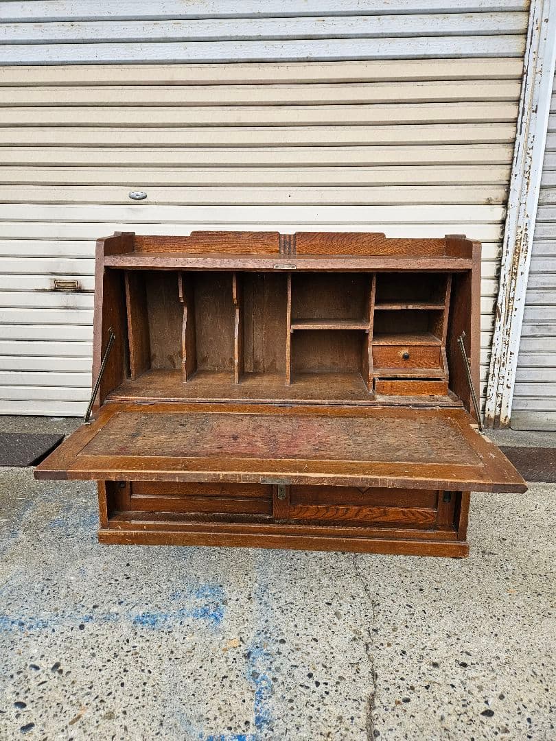 日本のアンティーク 古いライティングビューロー 帳場机 収納棚 明治 大正時代