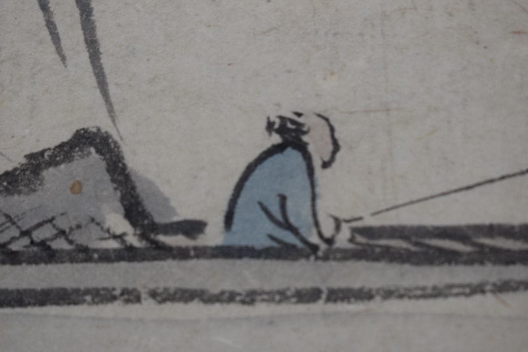 【真作】福田半香/秋湖独釣図/秋景山水図/横物/掛軸☆宝船☆Y-906　JM