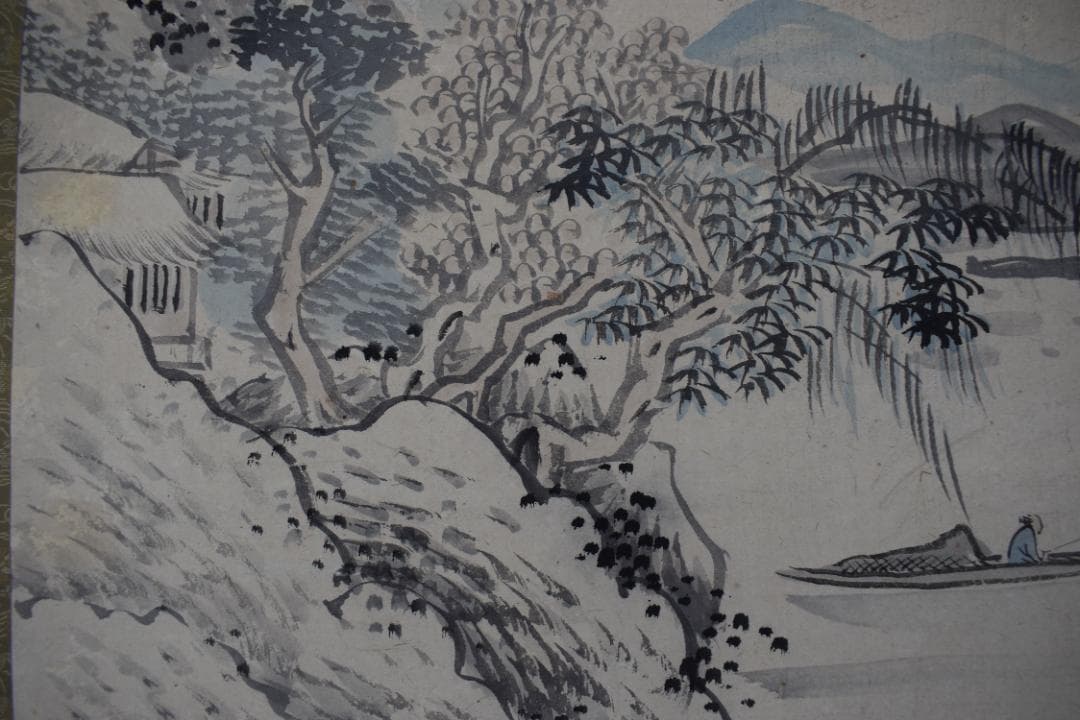 【真作】福田半香/秋湖独釣図/秋景山水図/横物/掛軸☆宝船☆Y-906　JM