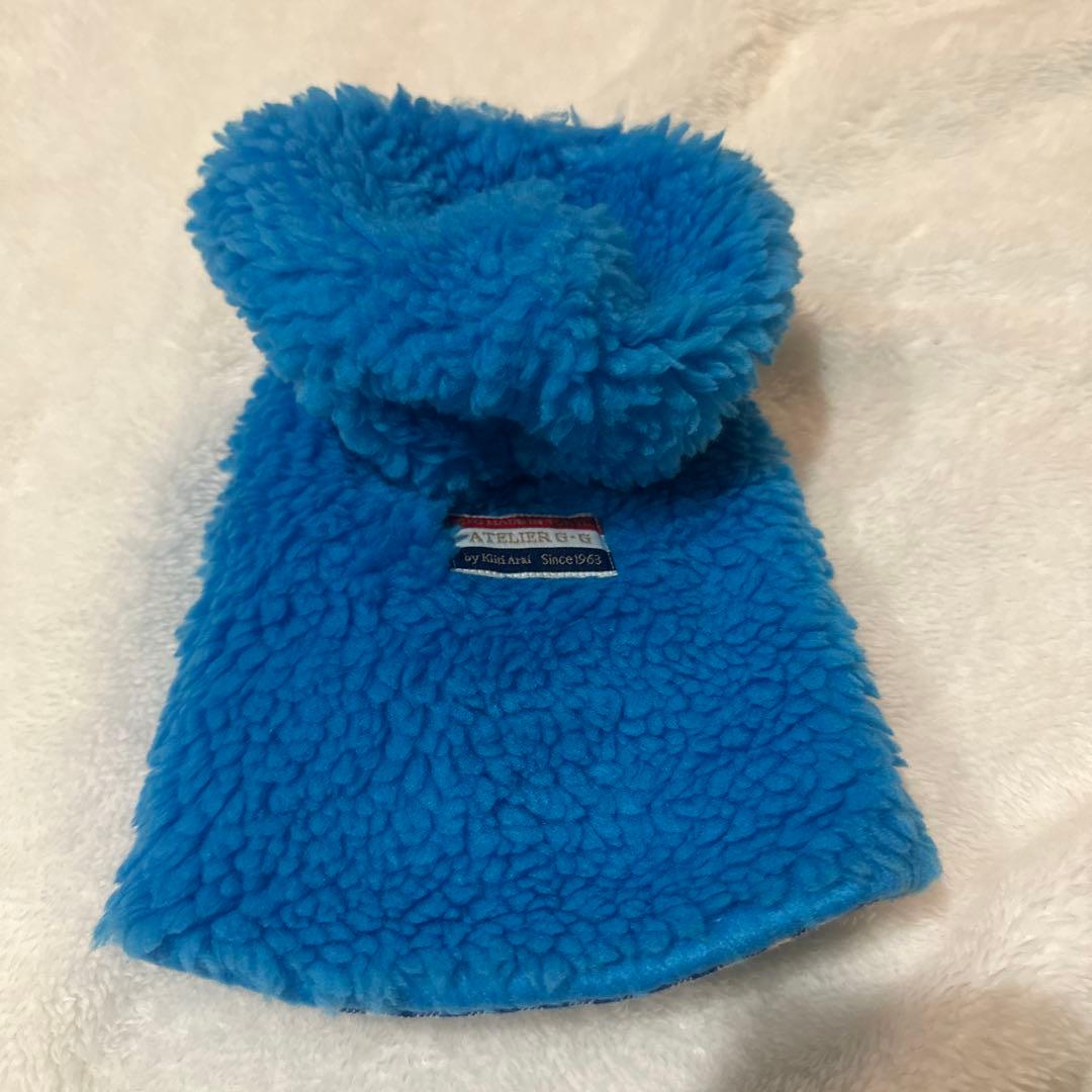 青いフリース犬服 フード付き