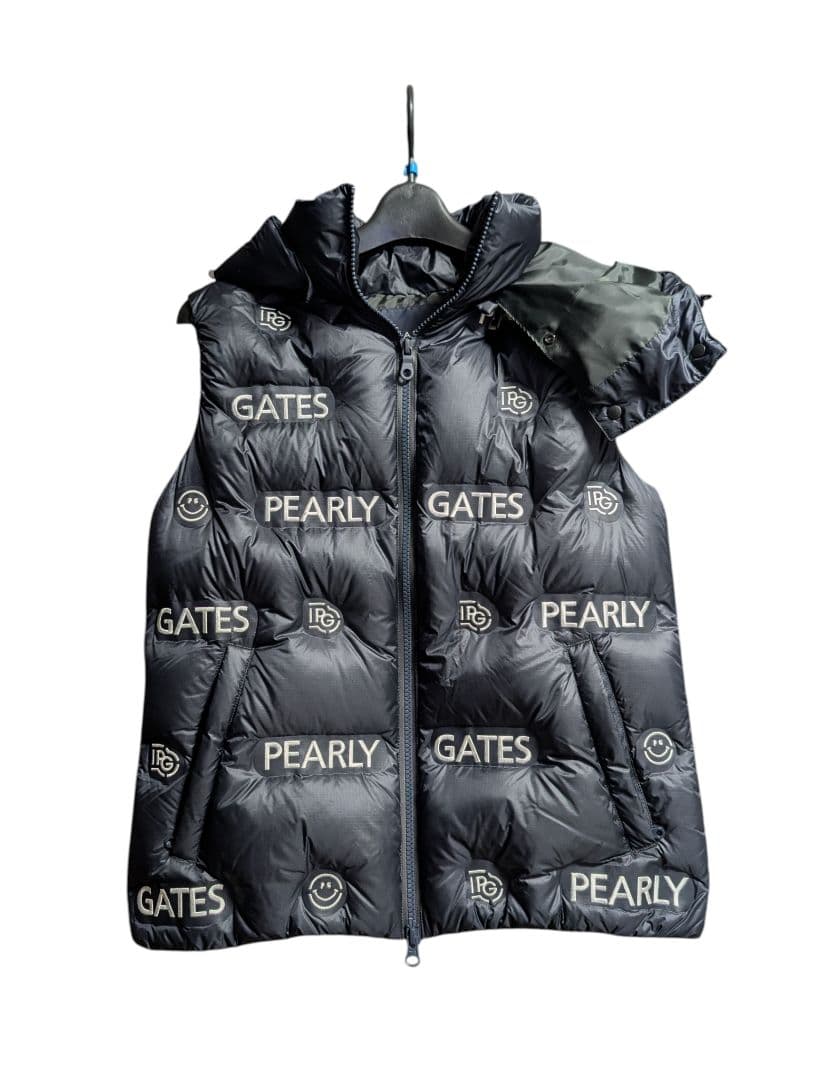 ​パーリーゲイツ ダウンベスト 0 S レディース 黒 総柄 ロゴ ニコちゃん