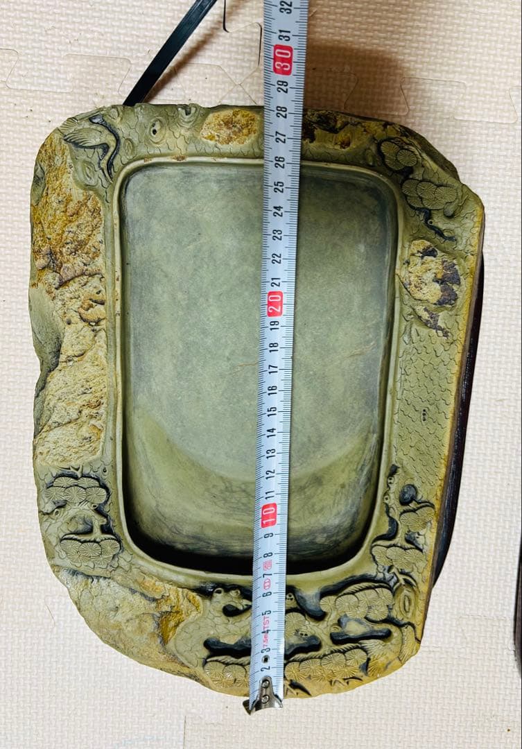 [極上珍品]房具 中国　清時代　古美術　硯紫檀蓋付き 松鶴綠端溪文房具