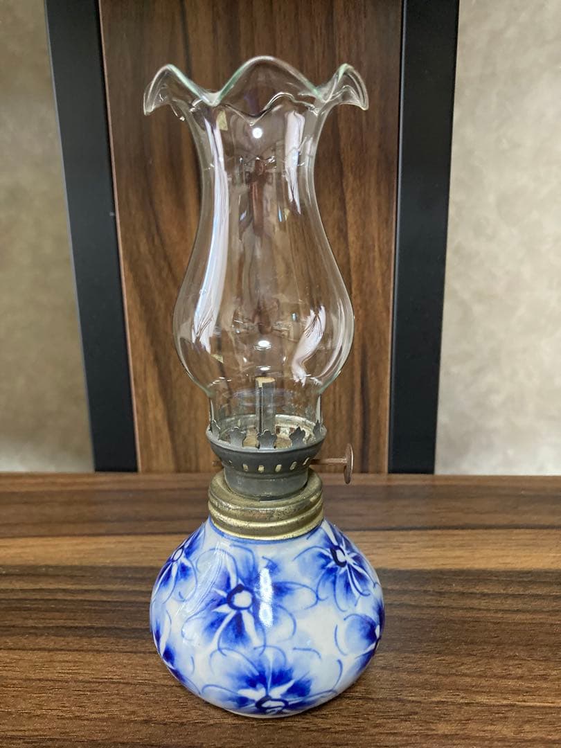 [骨董品] 青い花模様のオイルランプ　ヴィンテージ ランプ　陶器×ガラス