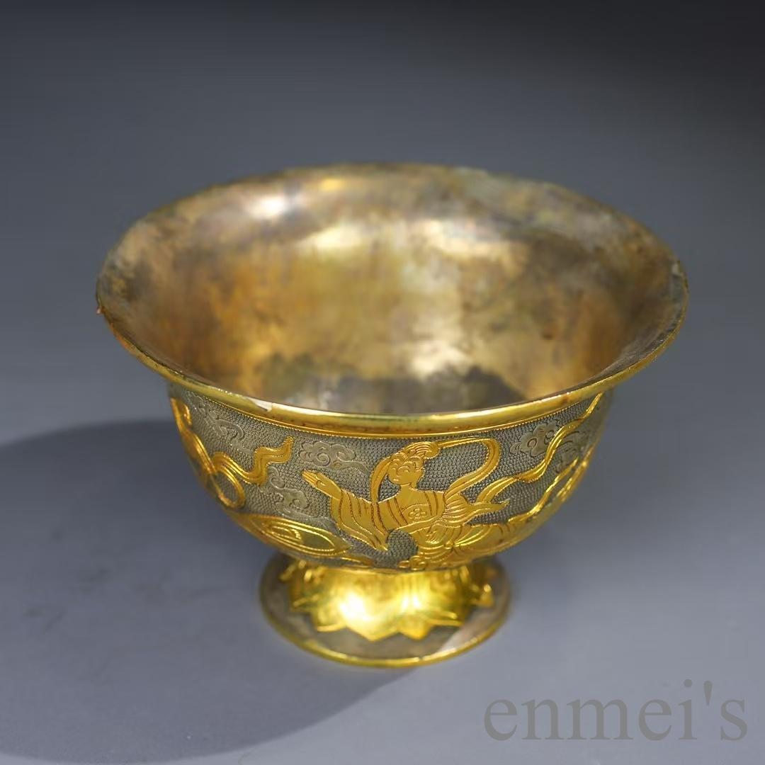 中国古美術 鍍金銅碗 鏨刻手工 酒器 茶器 細密細工 置物 古賞物 古擺件 唐物