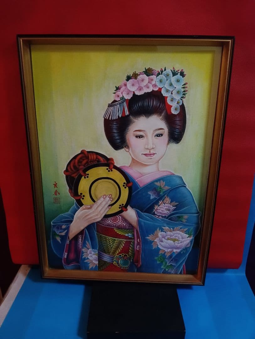 時代着物美人姿水彩画昭和時代頃縦５７Ｘ横幅４２Ｘ厚さ３センチガラス当時物額装品