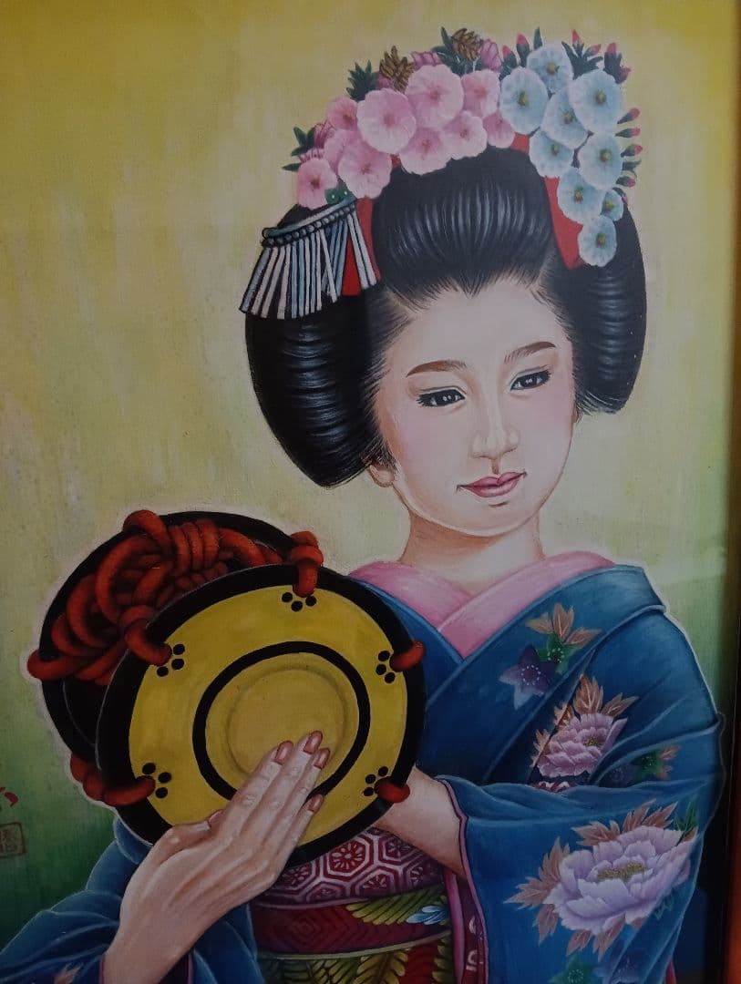 時代着物美人姿水彩画昭和時代頃縦５７Ｘ横幅４２Ｘ厚さ３センチガラス当時物額装品