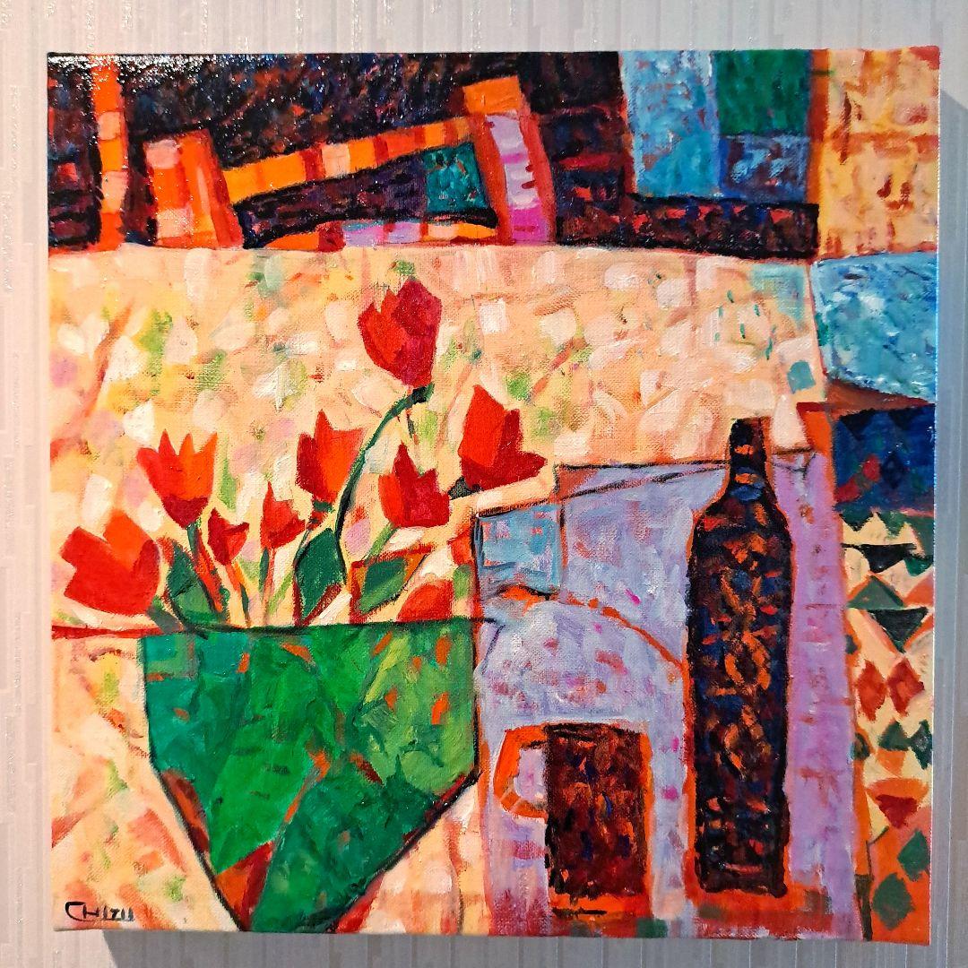 キャンバス油絵 　いとを　お花とビンとカップのあるテーブル　おしゃれ静物画