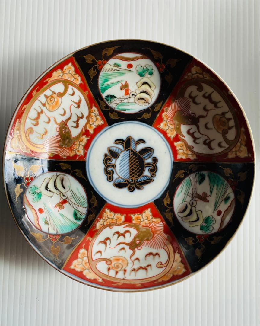 古伊万里染錦山水唐釣人図金彩雲龍文皿5枚セット