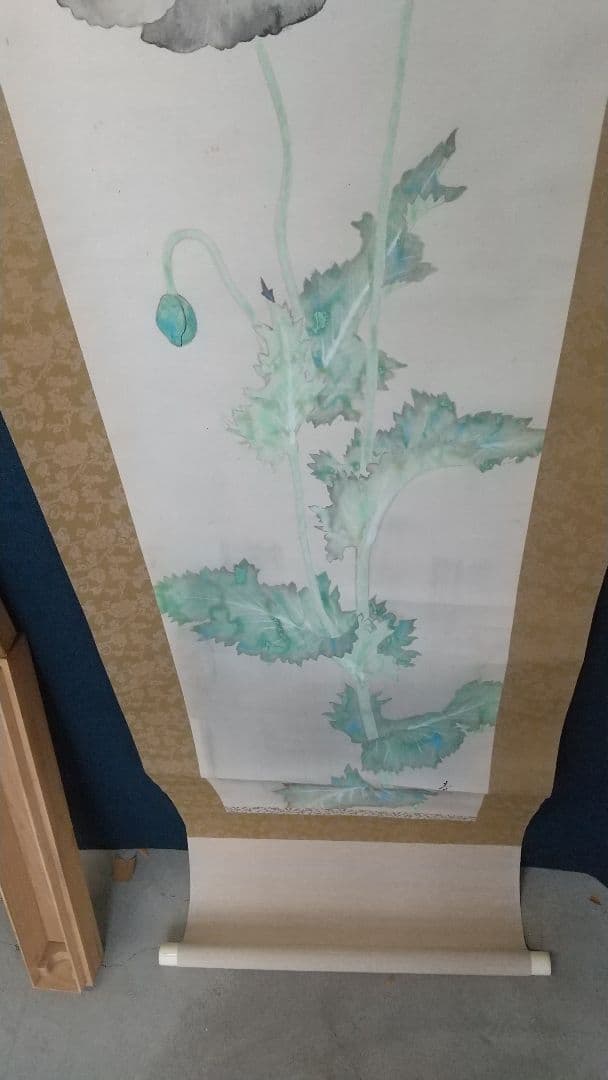 剥落箇所あり 折れあり 田中青坪 芥子 紙本掛軸 東京芸大教授 院展