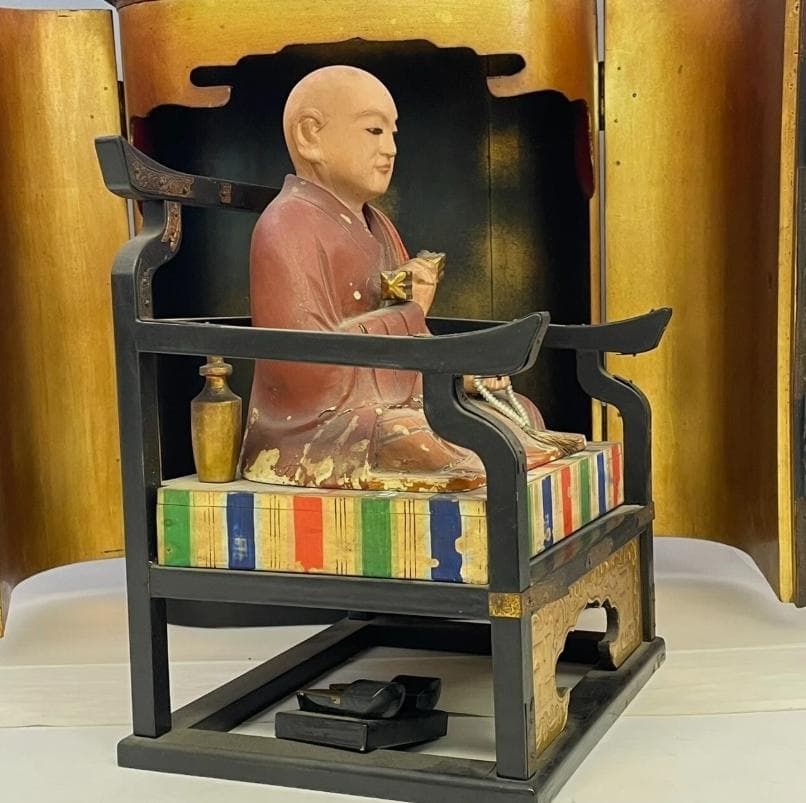 仏教美術 時代物 木彫り 弘法大師像 厨子入り 空海 仏像 骨董 古玩