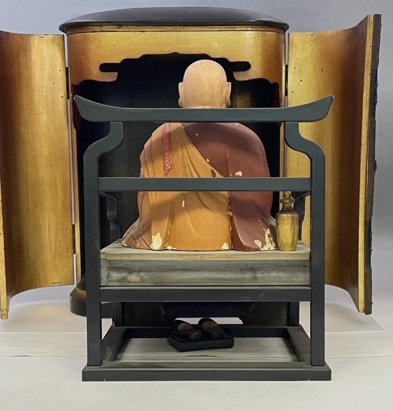 仏教美術 時代物 木彫り 弘法大師像 厨子入り 空海 仏像 骨董 古玩