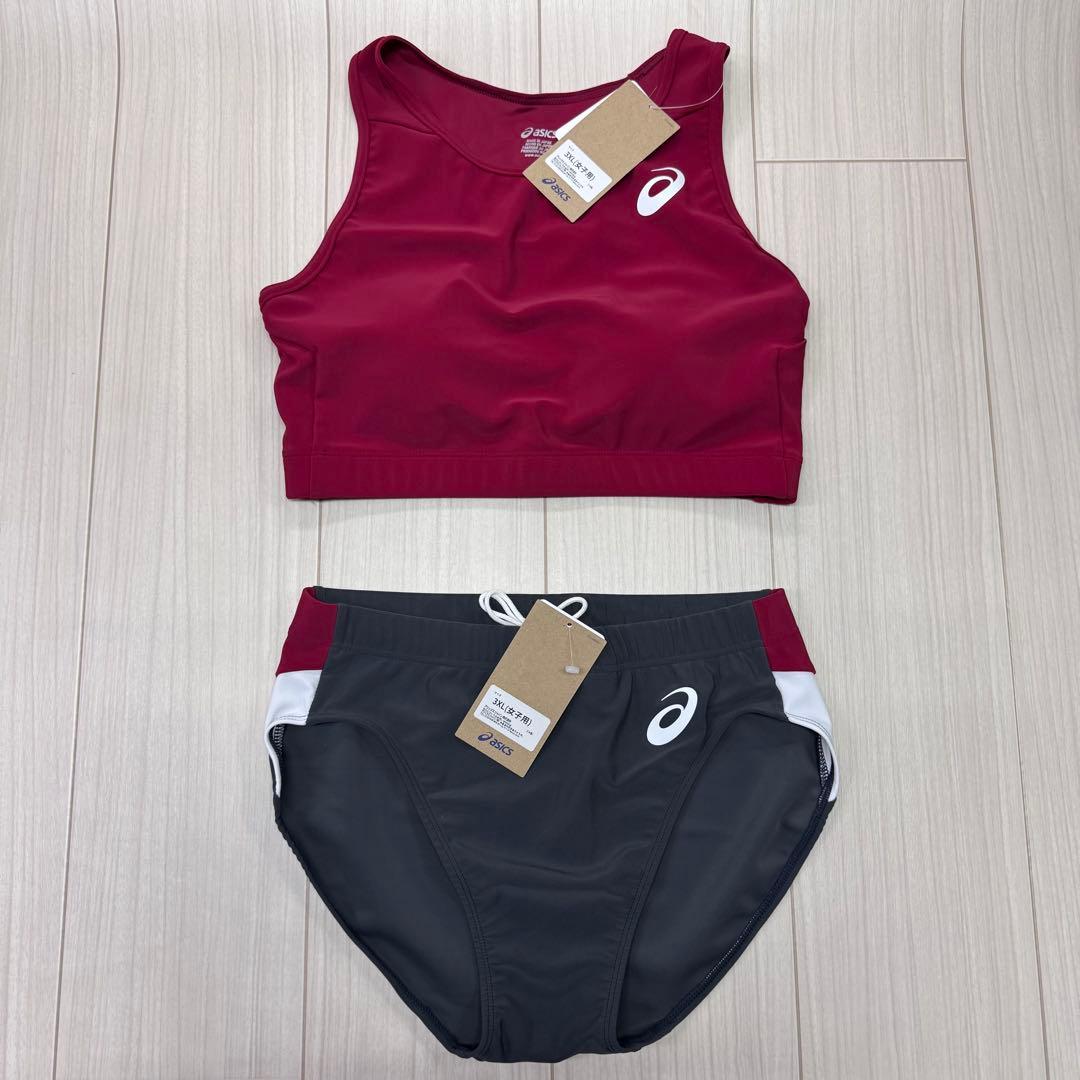 アシックス　女子陸上ユニフォーム上下　3XL　エンジ×ダークグレー×ホワイト